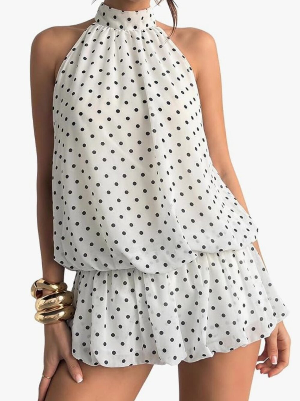 NWT Polka Dot Backless Halter Mini Bubble Dress With Ruffle Hem, Floerns XS